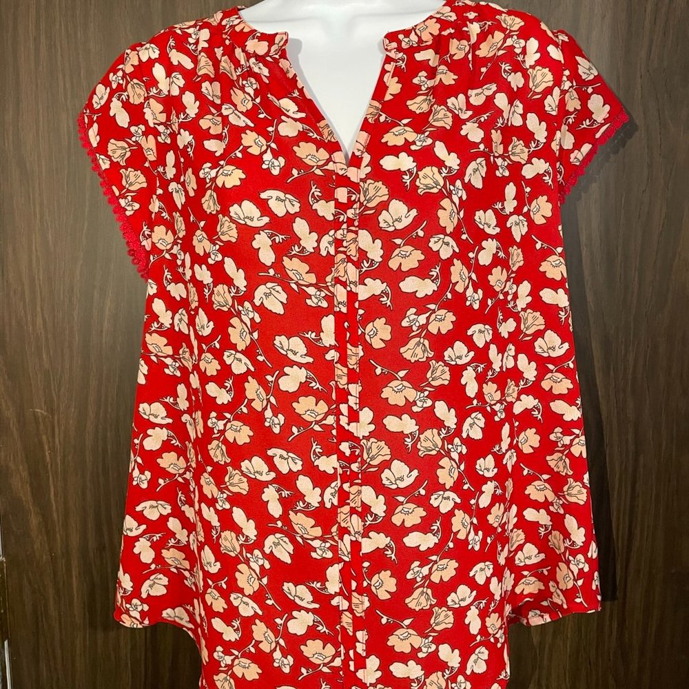fun2fun Red Floral Short Sleeve Blouse from Stitch Fix Semi-Sheer Top